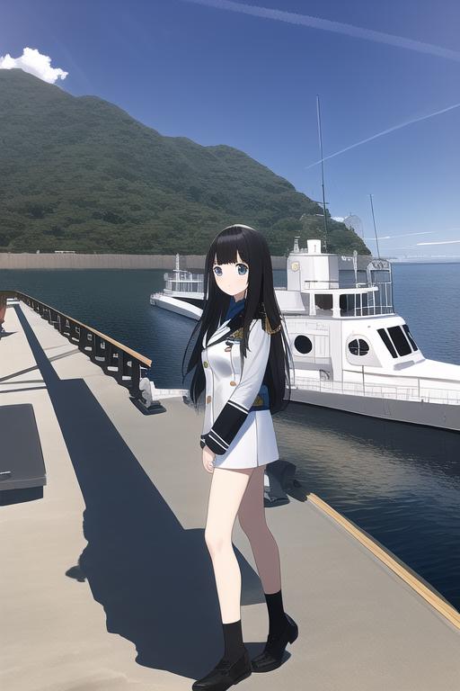 A long black-haired(with bangs) girl with white uniform, standing above submarin s-301498513.png.jpg
