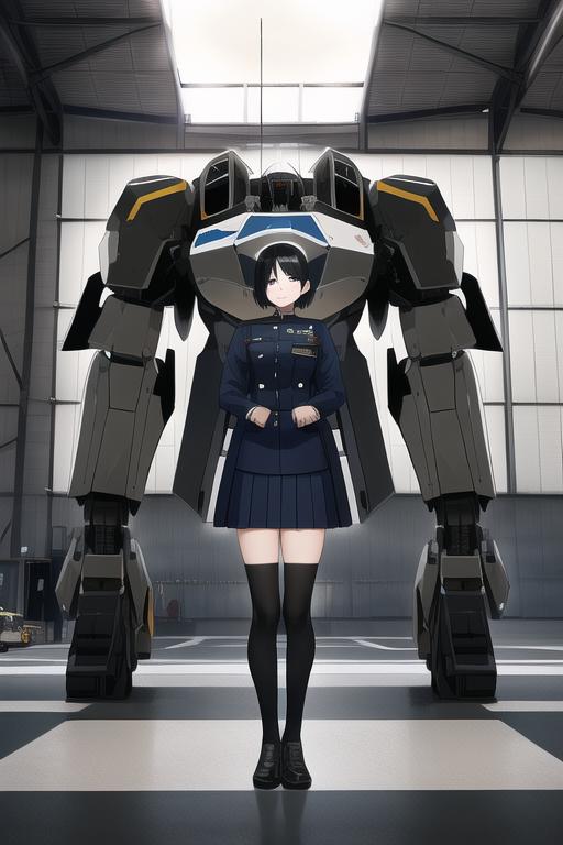 A short black-haired(bob cut) girl with uniform, standing on _front of mech_, at s-2789495666.png.jpg