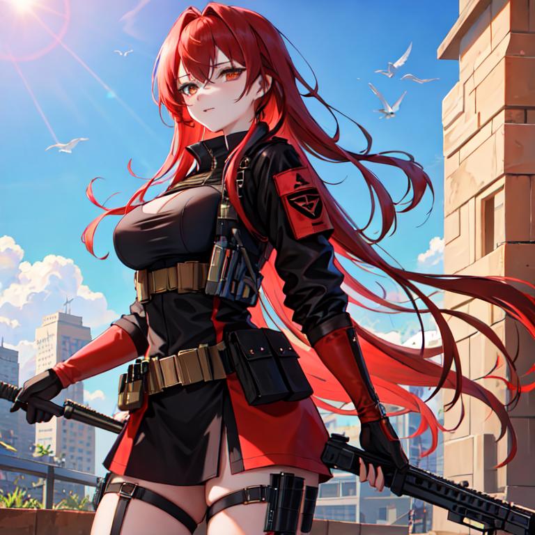 ImgCreator.ai a woman with vibrant red hair and sharp golden eyes, wearing a black tactical outfit, customized to .png.jpg