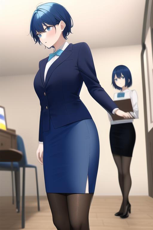 an androgynous short blue-haired woman speeches at assembly, suit, pencil skirt s-3388737441.png.jpg