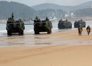 훈련에서, 화미 해병대를 수송하기 위해 대기하고 있는 수륙양용장갑차들